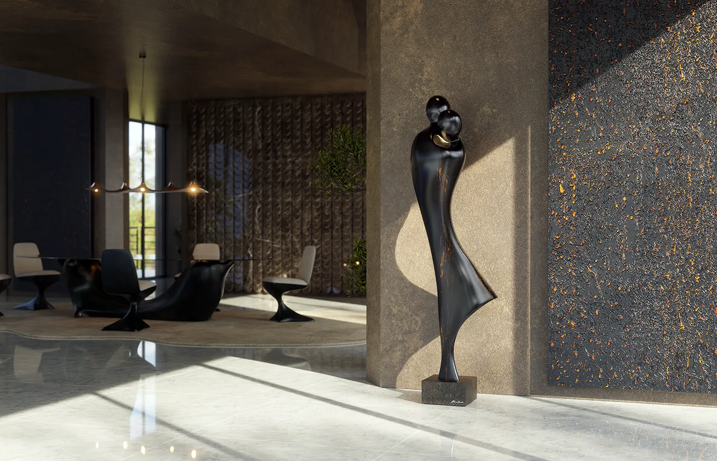 Entrance hall with Abraço sculpture in bronze and gold finish