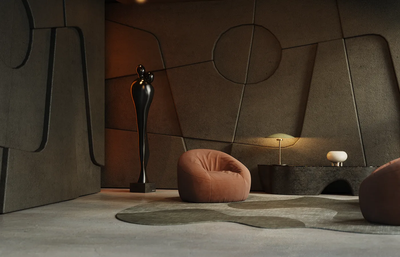 Zona de lazer com escultura Abraço em acabamento cor bronze e dourado