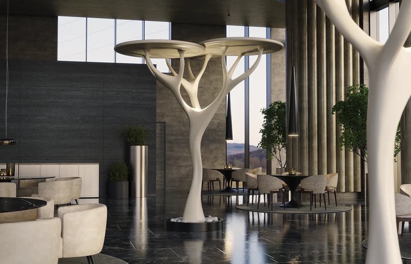 Área de refeições de hotel com candeeiros esculturais Acacia em branco