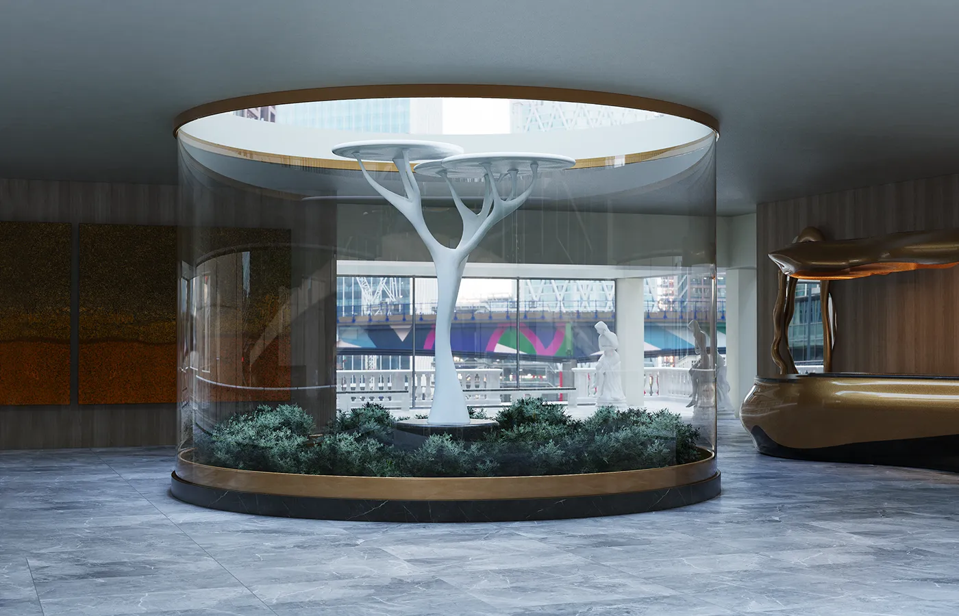 Jardim interior tipo aquário com candeeiro escultural Acacia em acabamento branco ao centro