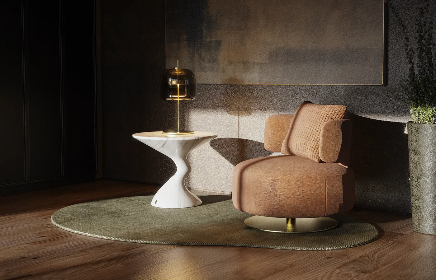 Ambiente de relaxe com mesa de apoio Aeris em acabamento marmorizado carrara alto brilho e cadeirão em pele castanha