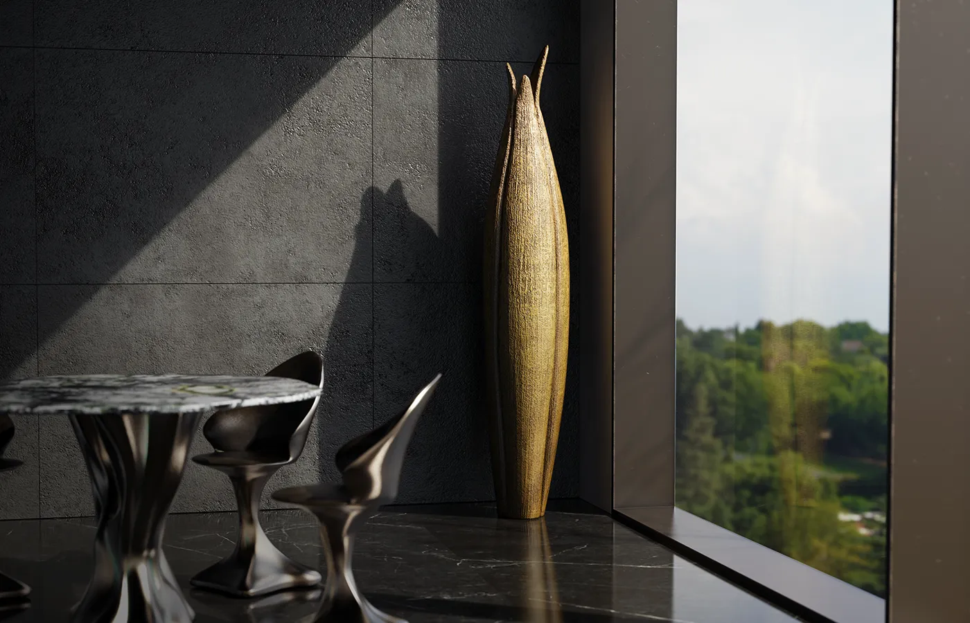 Sala de jantar com jarrão Agave junto à janela em acabamento folha de ouro sobre textura riscada