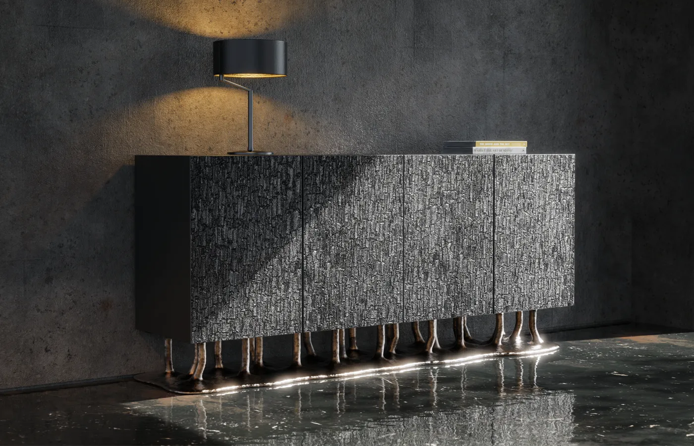 Hallway with Allana sideboard with black Vela textured exterior and brass-colored base