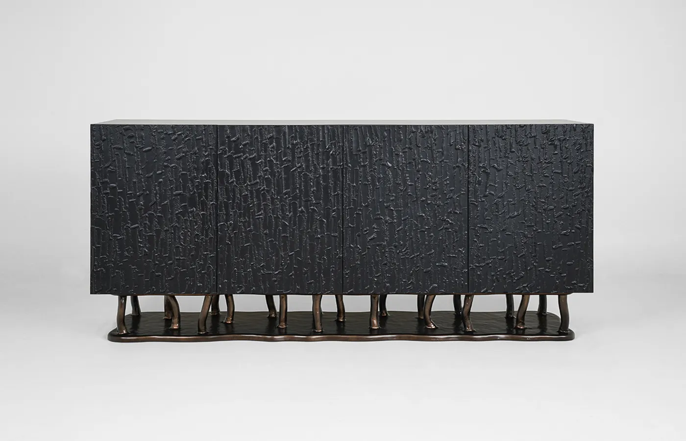 Allana sideboard with black Vela textured exterior and brass-colored base