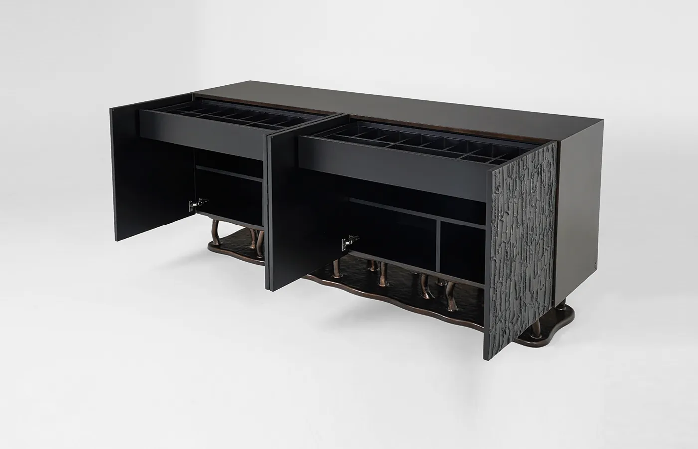 Interior view of Allana sideboard with black Vela textured exterior and brass-colored base