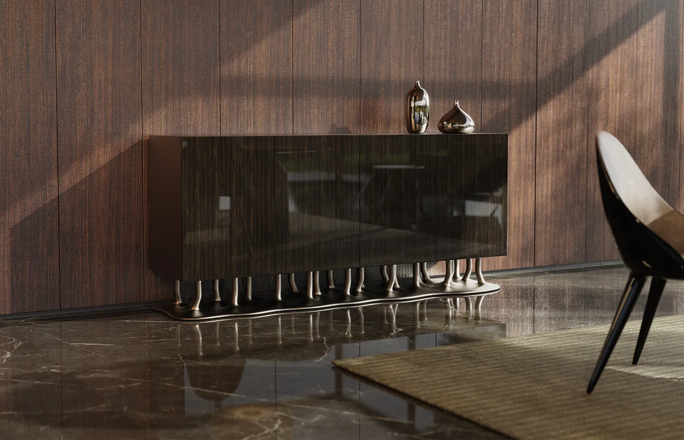 Living room setting with Allana sideboard with ebony veneer exterior and brass-colored base