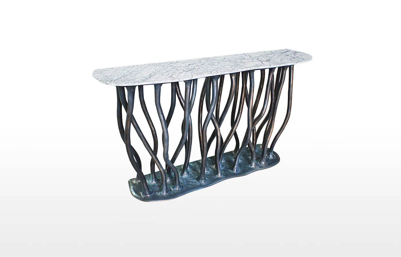 Side view of Allana console table in bronze finish with Carrara marble top