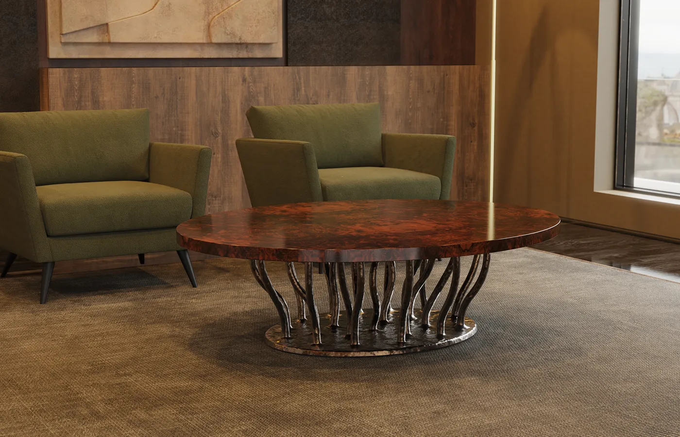 Ambiente de sala de espera com mesa de centro Allana com tampo em raiz de nogueira e base em cor latão
