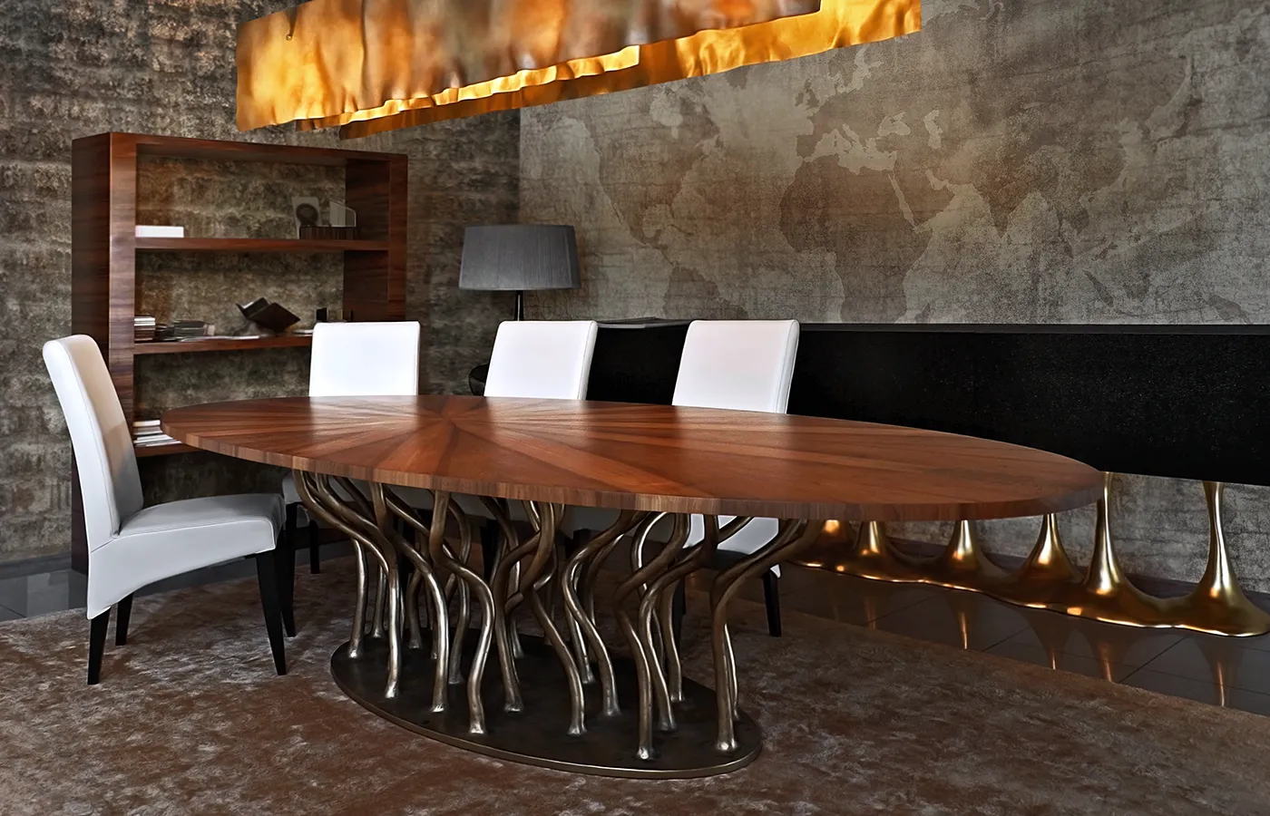 Meeting room setting with Allana dining table, Flowin lamp, and Janus sideboard