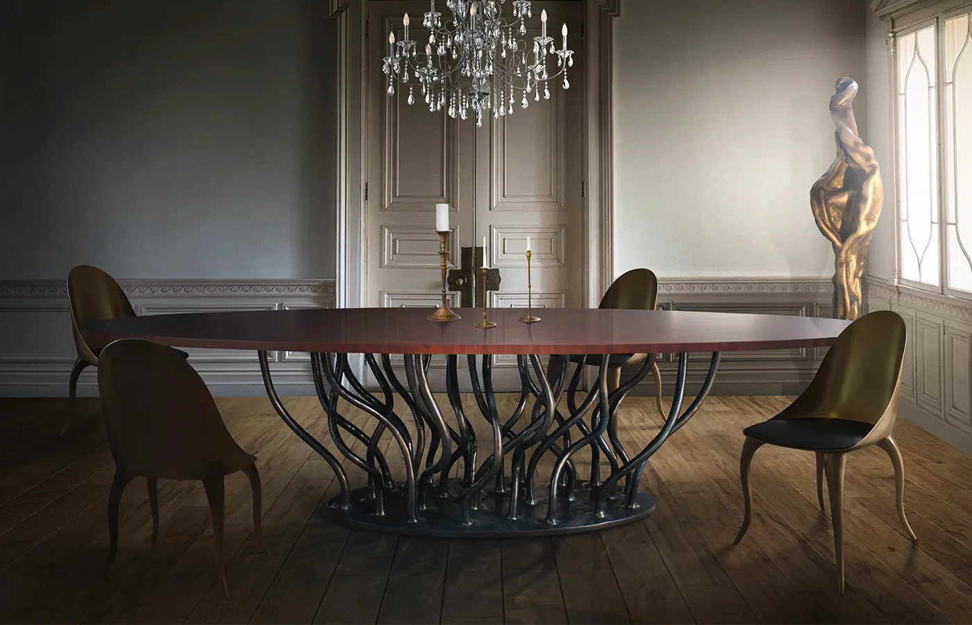 Classic dining room with Allana dining table, Daisy chairs, and Oscar sculpture