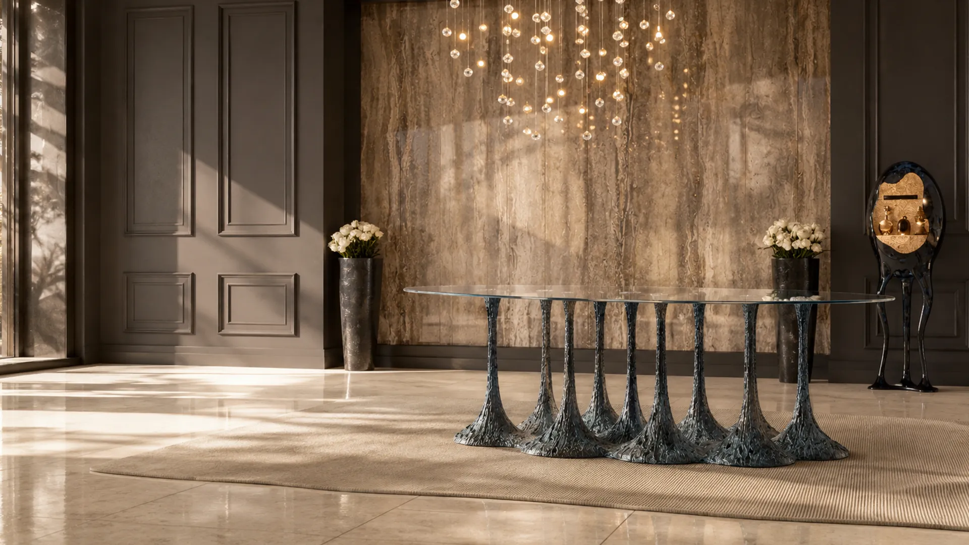 Dining area featuring Amazonia dining table in textured green and glass top with luxurious suspension lamp