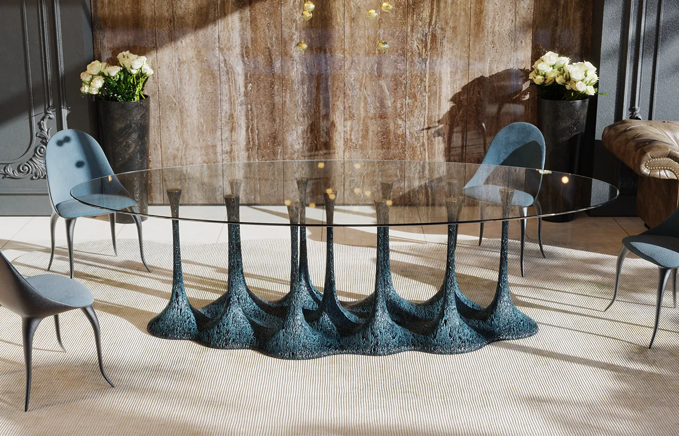 Dining area featuring Amazonia dining table in textured green and glass top with Daisy chairs