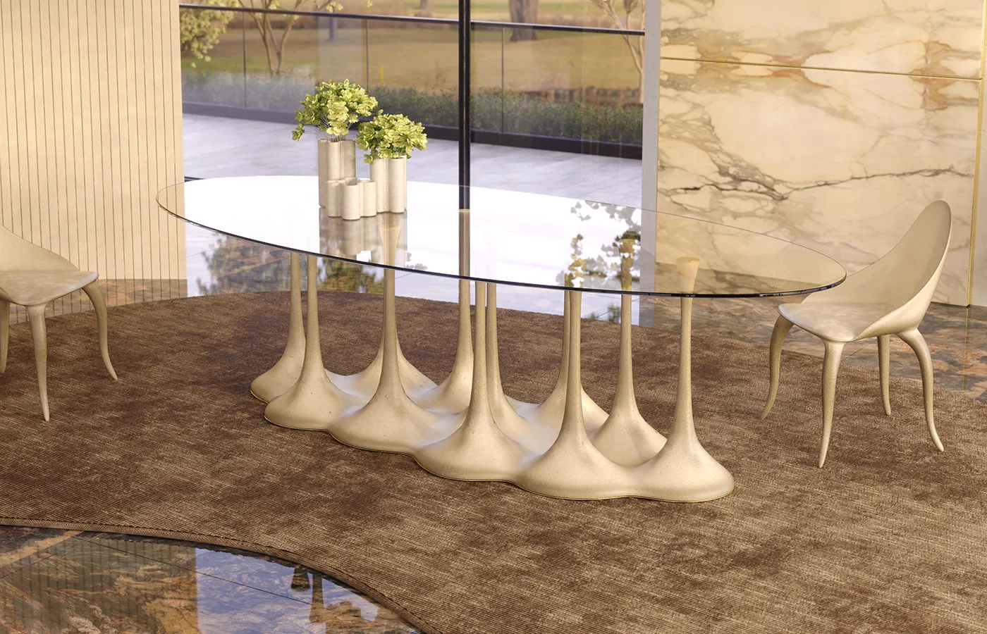 Ambiente de jantar com mesa de jantar Amazónia em acabamento branco texturado e tampo em vidro com cadeiras Daisy