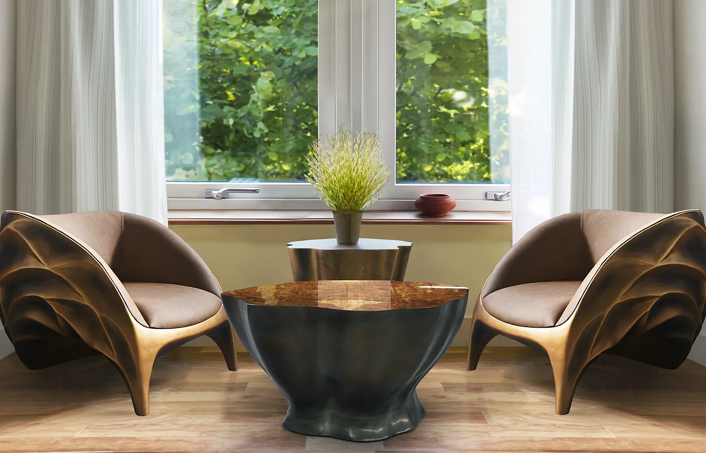 Ambiente de espera com mesa de centro Arbor em cor latão com dois cadeirões Triton