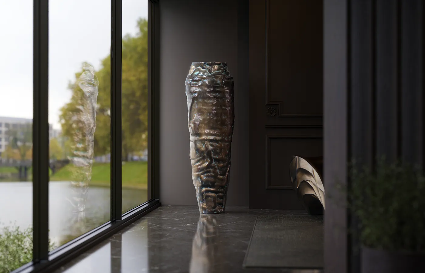 Hallway setting by the window with Argus planter in textured brass finish