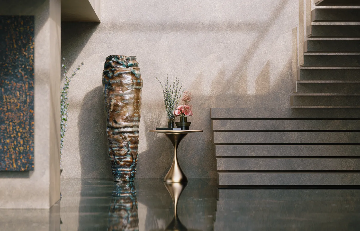 Staircase hall with brass-colored Argus planter next to Melody table
