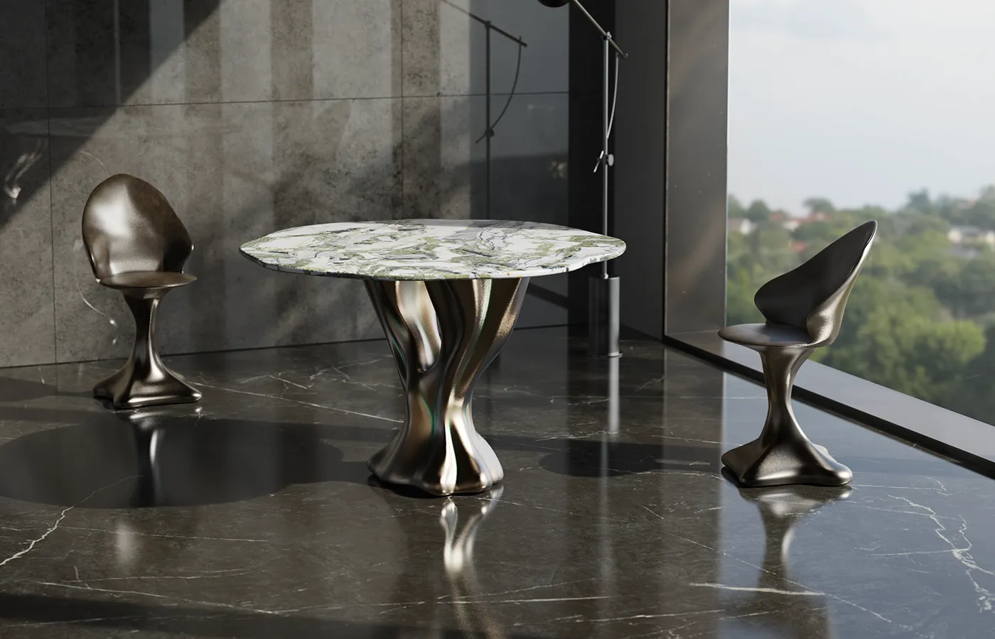 Dining room with Athos dining table in bronze finish and ice jade marble top with Flora chairs