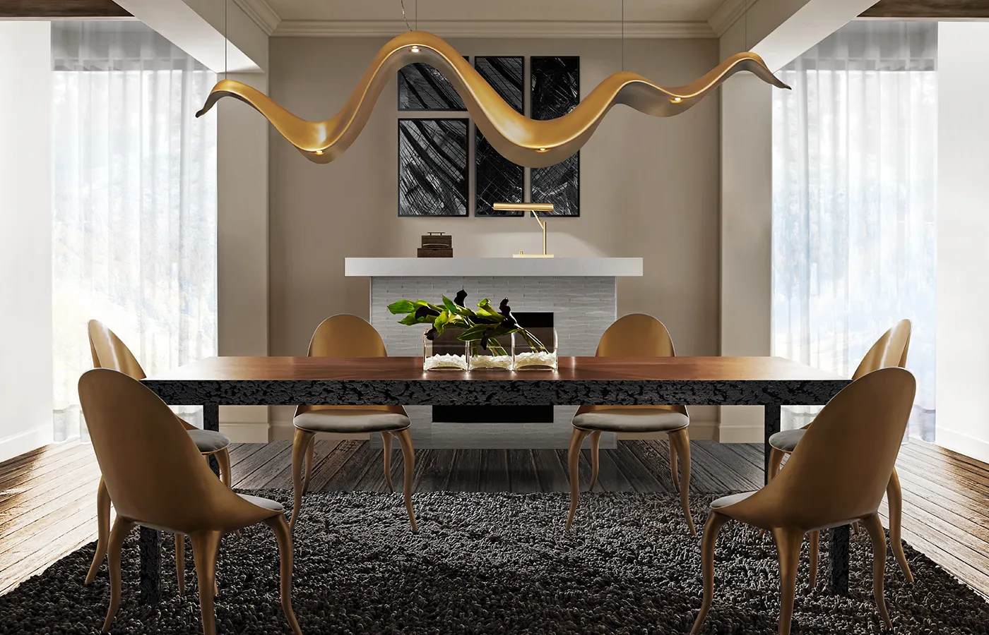 Ambiente de sala de jantar com candeeiro Aura em dourado com uma mesa de jantar retangular e cadeiras Daisy