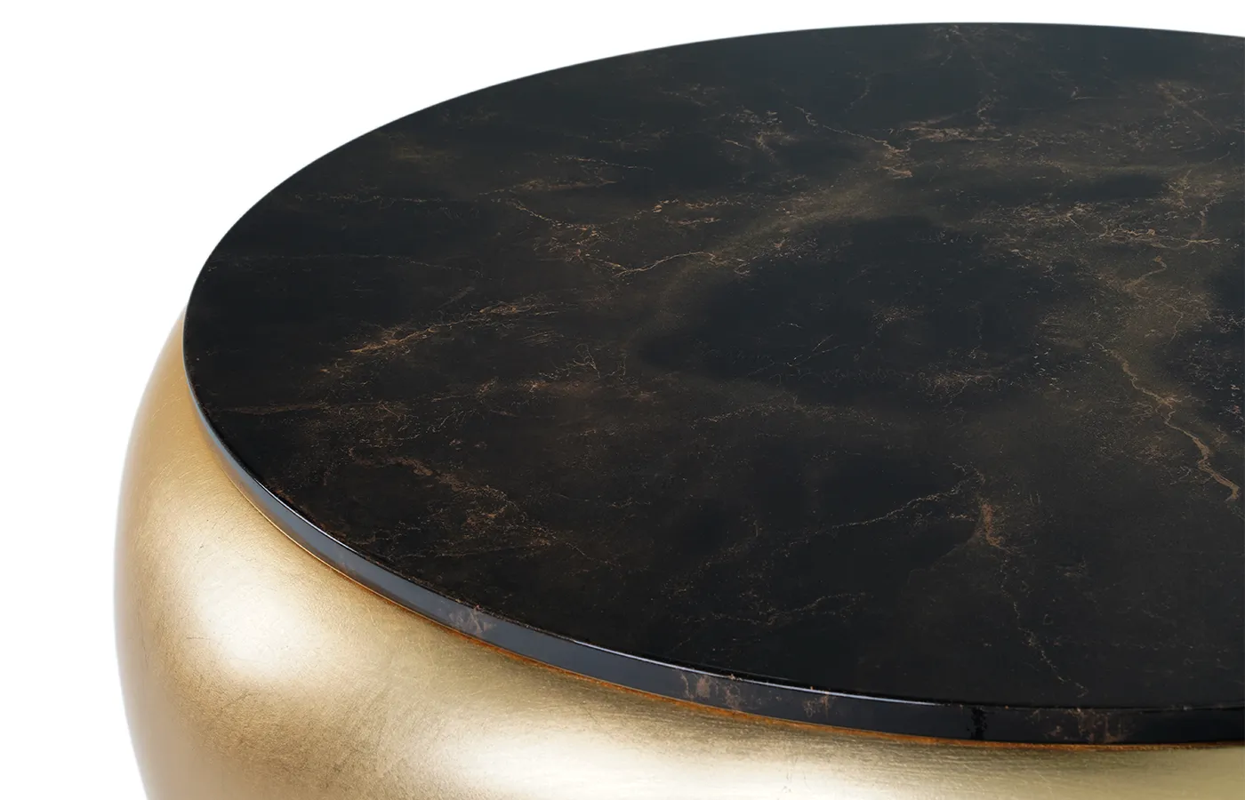 Top view of the Ballad side table in gold leaf finish with black marbled to