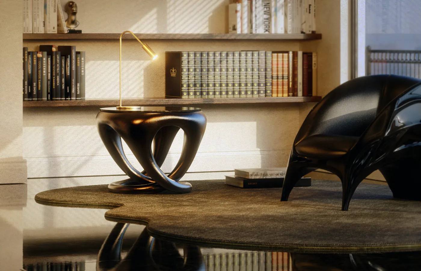 Ambiente de biblioteca com mesa de apoio Ballad em cor bronze