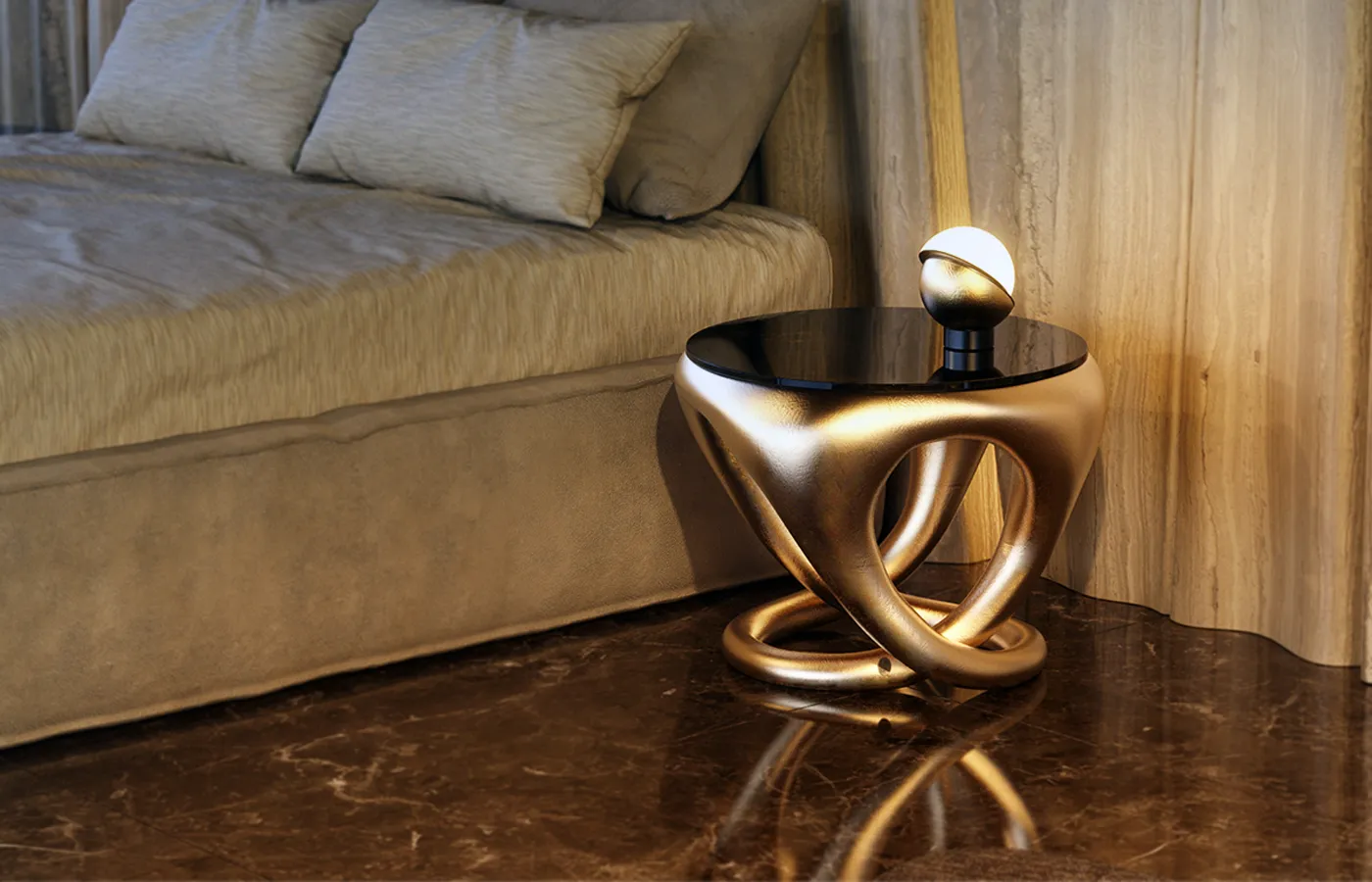 Ambiente de quarto com mesa de apoio Ballad em folha de ouro junto à cama