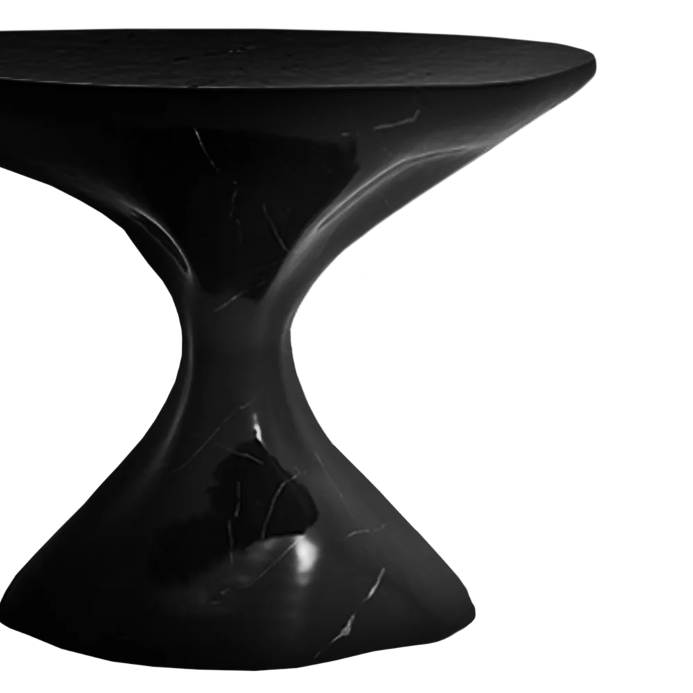 Vista em detalhe da mesa de apoio Bonsai com destaque para a sua forma em marmorizado black silk