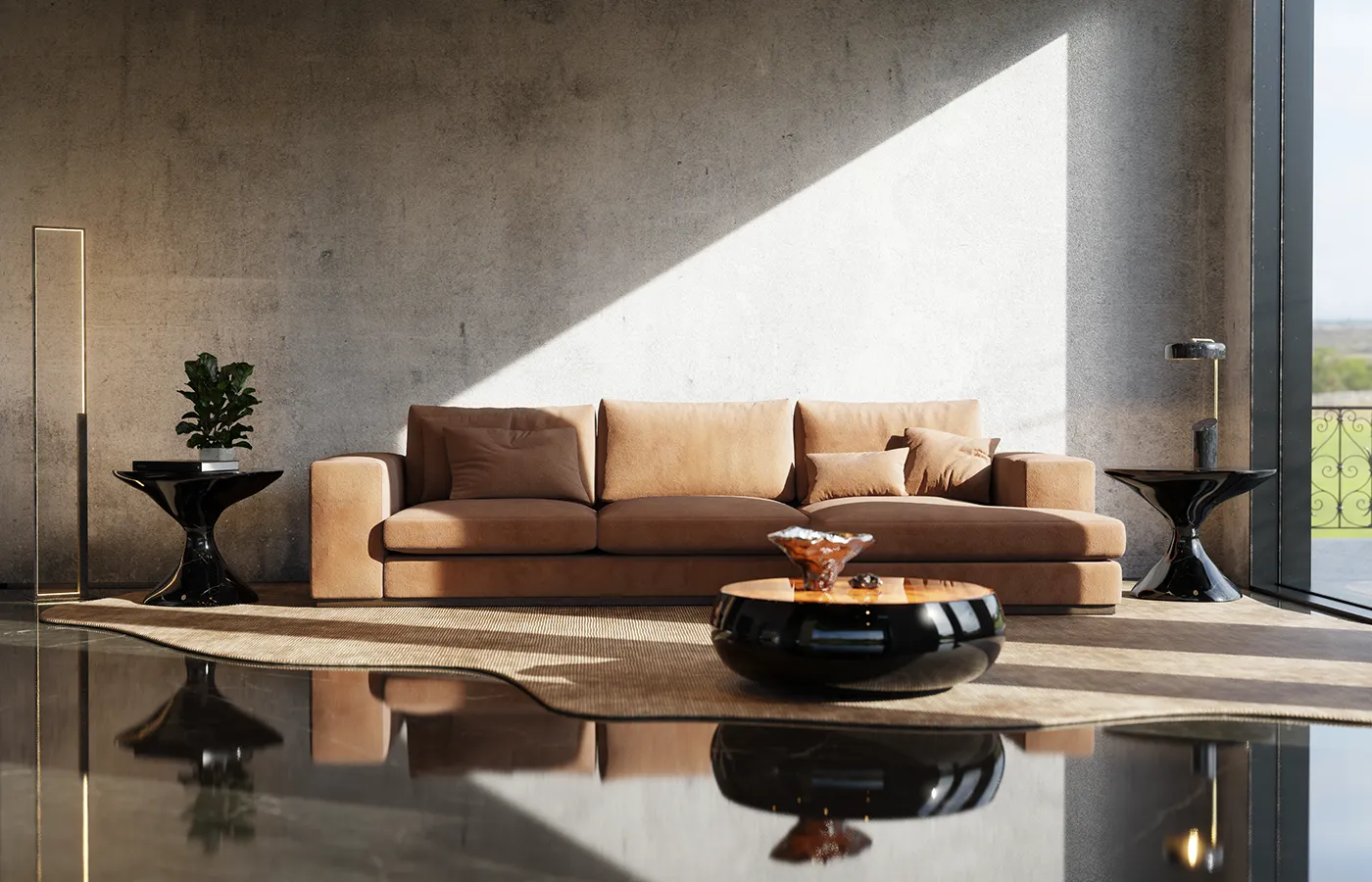 Ambiente de sala de estar com duas mesas de apoio Bonsai em marmorizado black silk com sofá castanho ao centro