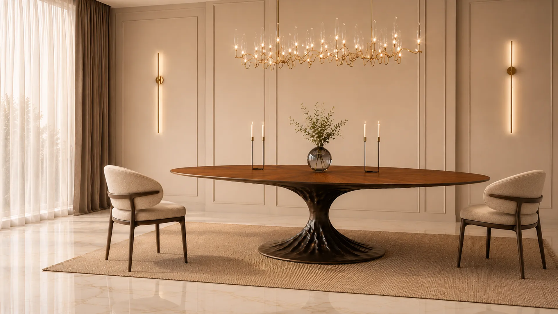 Dining area featuring Bonsai dining table finished in brass color and walnut root veneer top with luxurious chairs