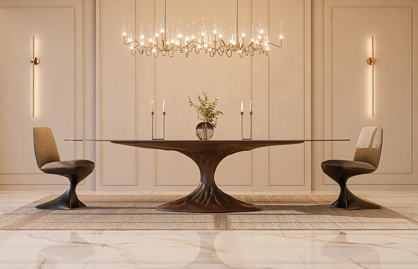 Dining area with Bonsai dining table in brass color and burr walnut top with Alyna chairs