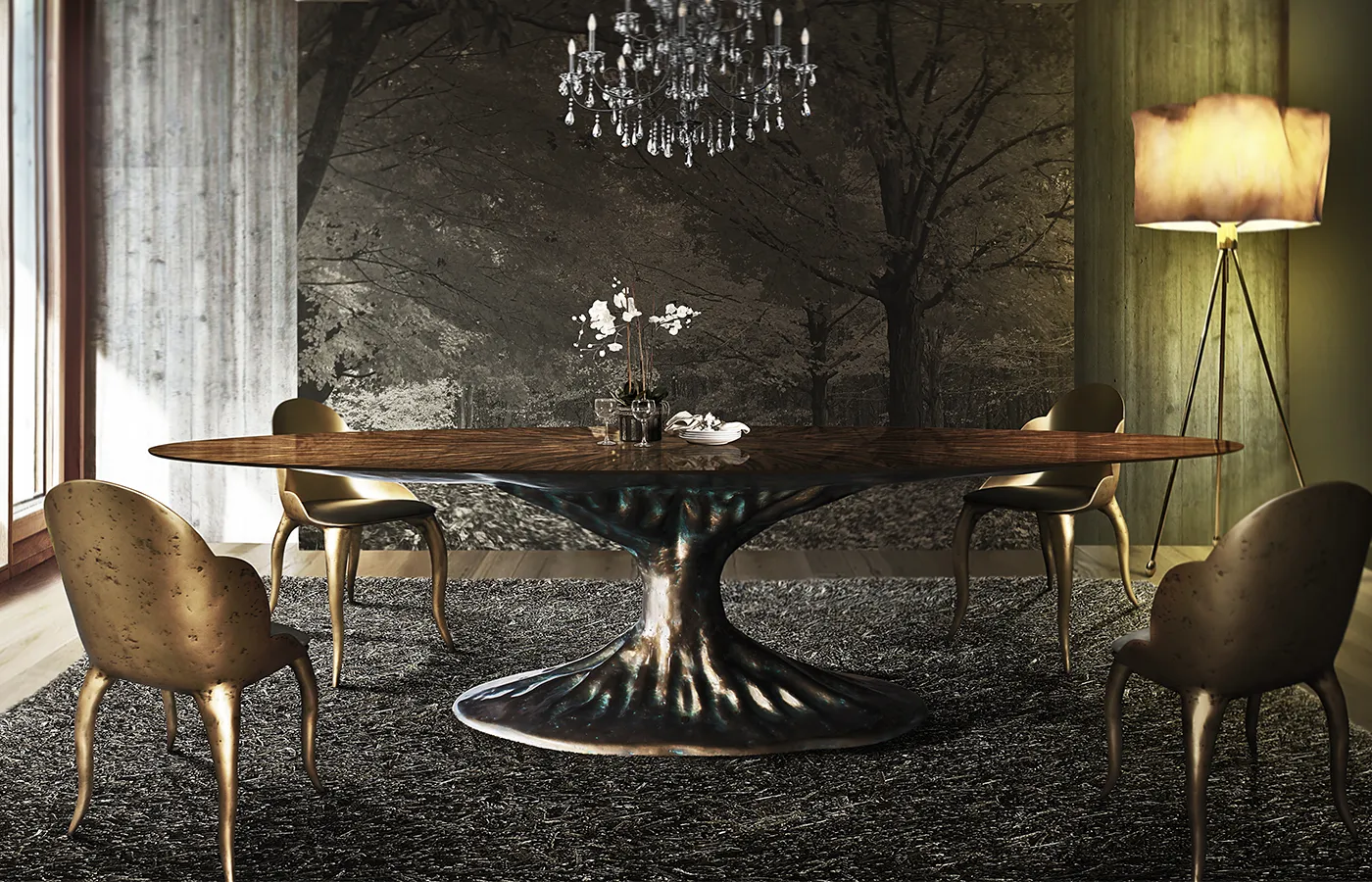 Dining area with Bonsai dining table in brass color and burr walnut top with Luna chairs