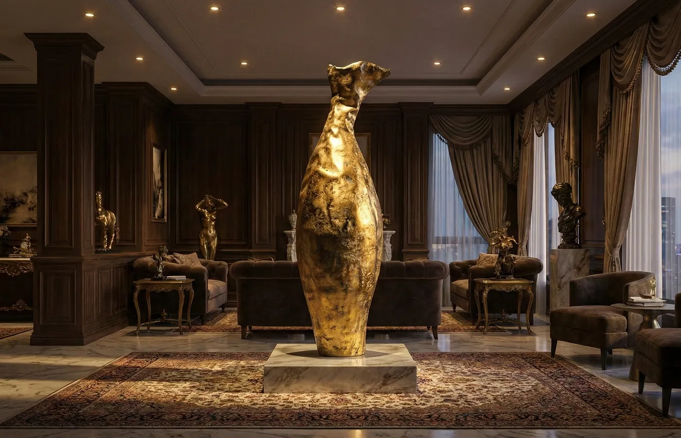 Classic living room setting with gold leaf Brutus planter in the center