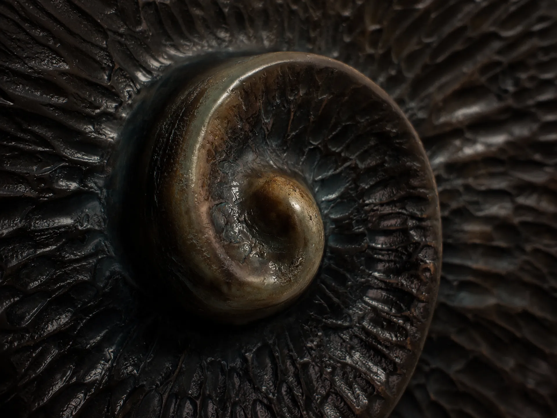 A close-up view of the Búzio sculpture, highlighting its bronze color and unique texture