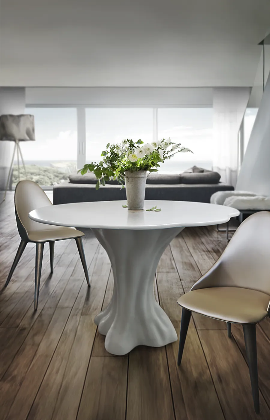 Modern dining environment with Calypso dining table in white with Monaco chairs