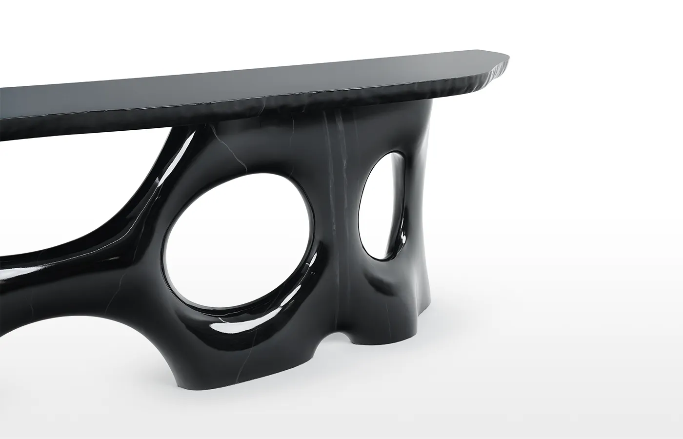 Side view of Cosmic console in high-gloss black and white marbled finish