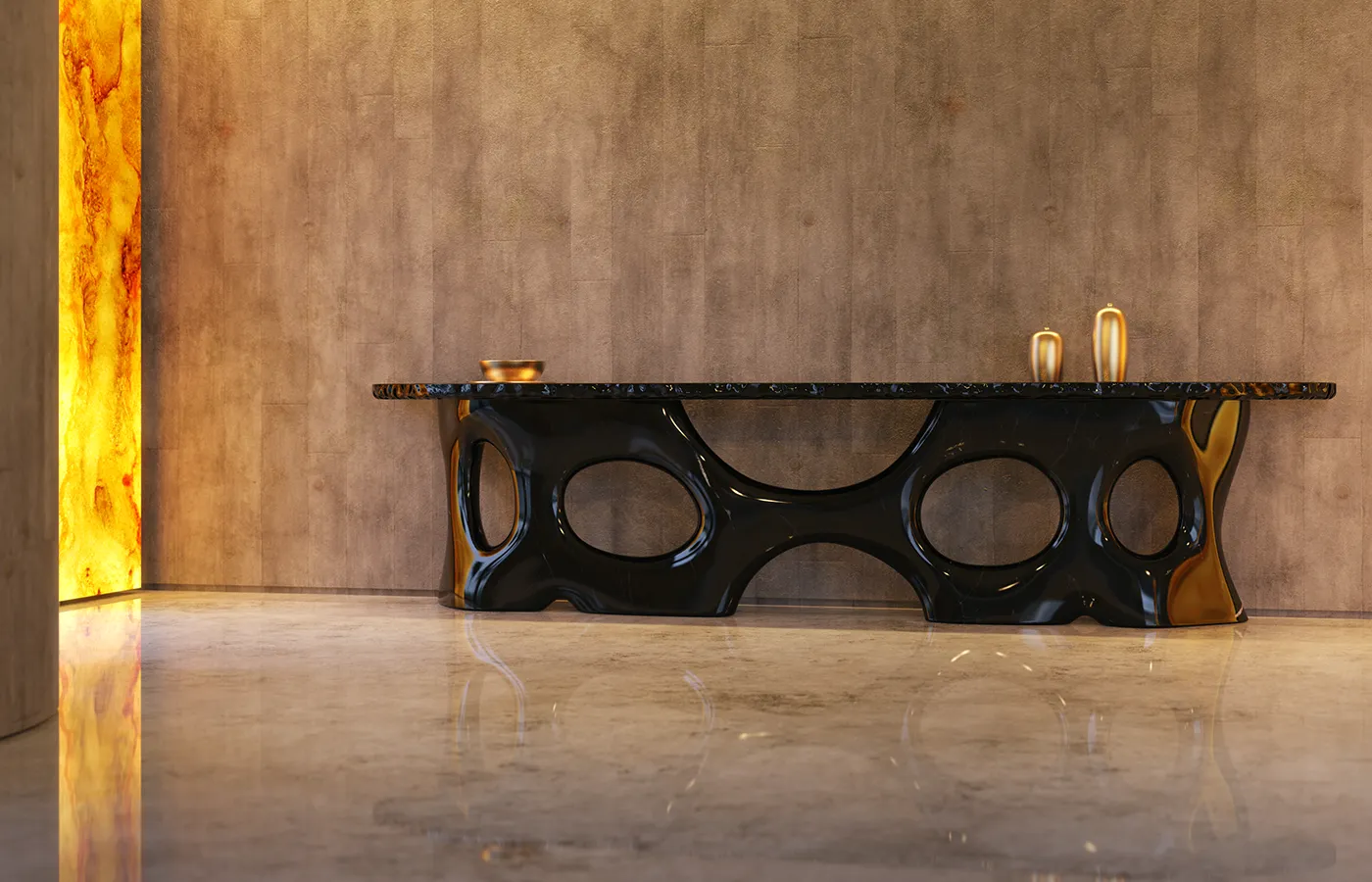 White marble hall with Cosmic console in high-gloss black and white marbled finish