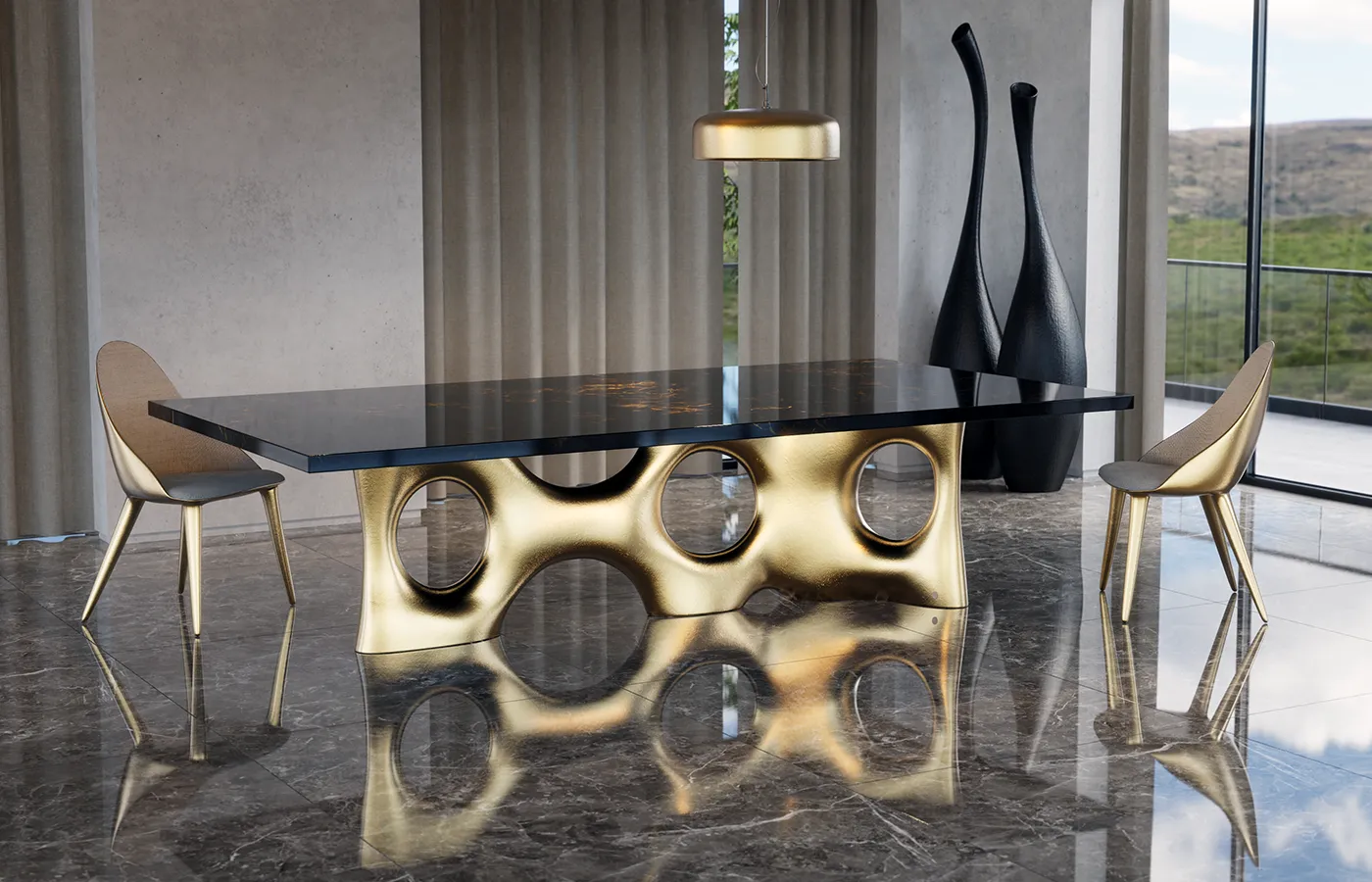 Dining area with Cosmic dining table in gold leaf and artistic gold paint with Monaco chairs