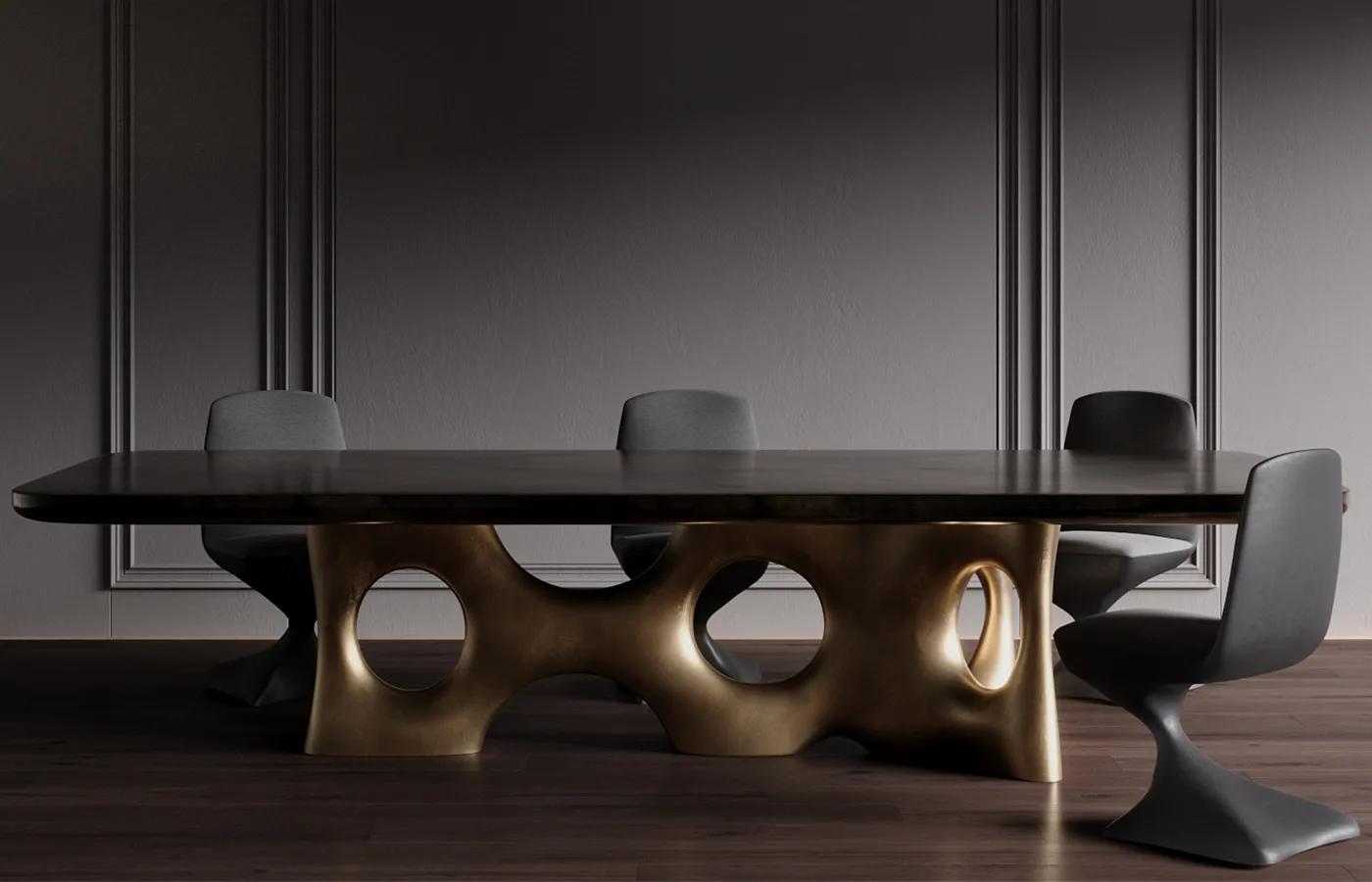 Classic dining environment with Cosmic dining table in gold leaf and artistic gold paint with Alyna chairs