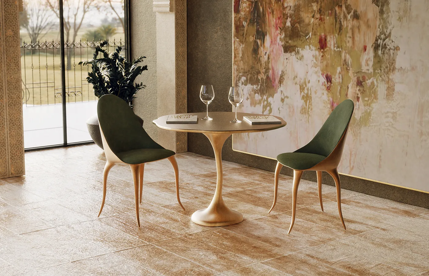 Dining area featuring Daisy chairs with body in aged gold finish and satin green fabric upholstery and Ivy dining table
