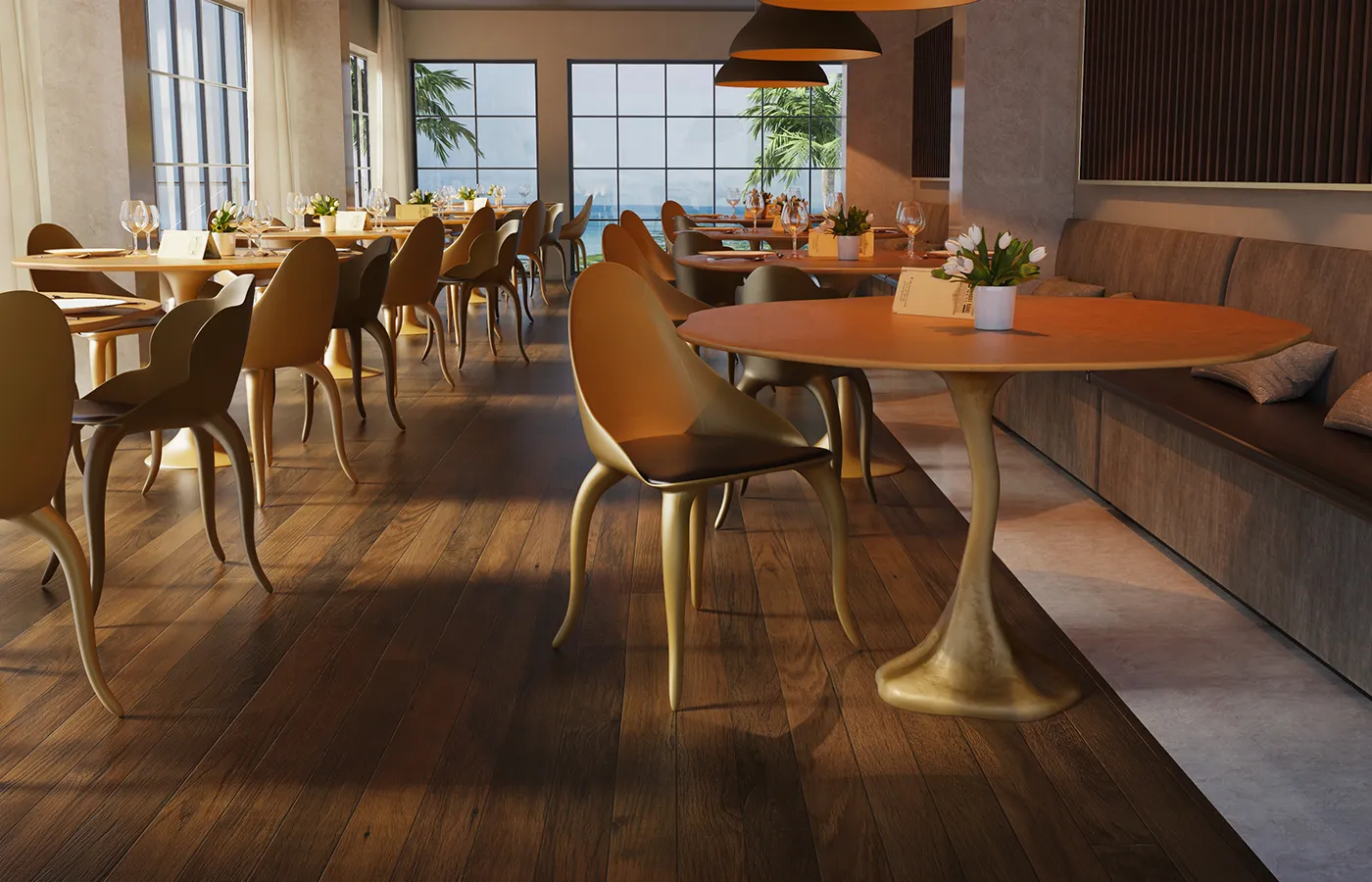 Hotel dining room with several Daisy chairs and Ivy dining table in gold