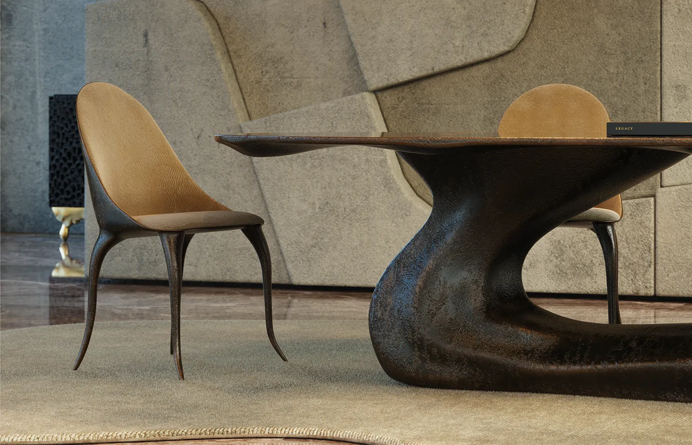Sala de jantar com cadeira Daisy e mesa de jantar Sigma em textura vulcânica