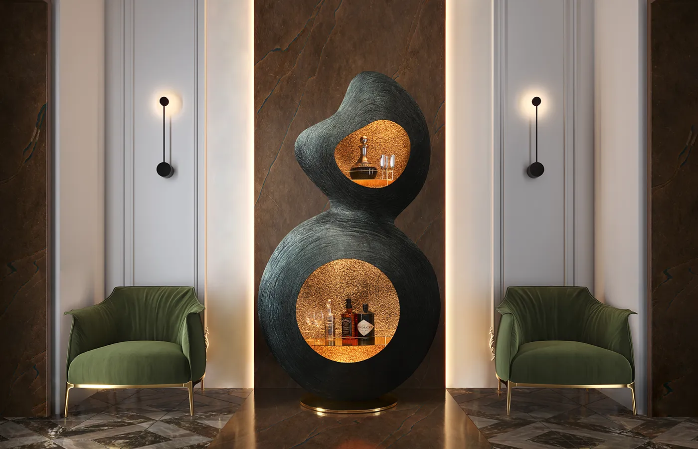 Entrance hall with Douro bar in textured green finish and textured gold leaf interior