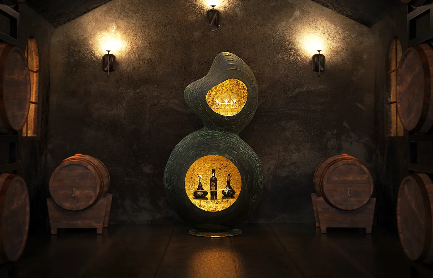 Ambiente de cave garrafeira com bar Douro em verde texturado e interior em folha de ouro texturada