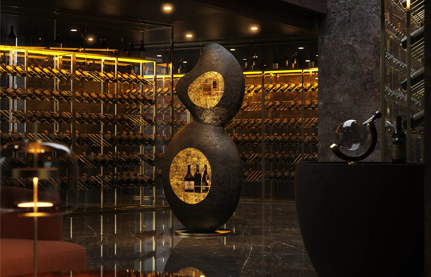 Ambiente de garrafeira com bar Douro em textura vulcânica e interior em folha de ouro texturada