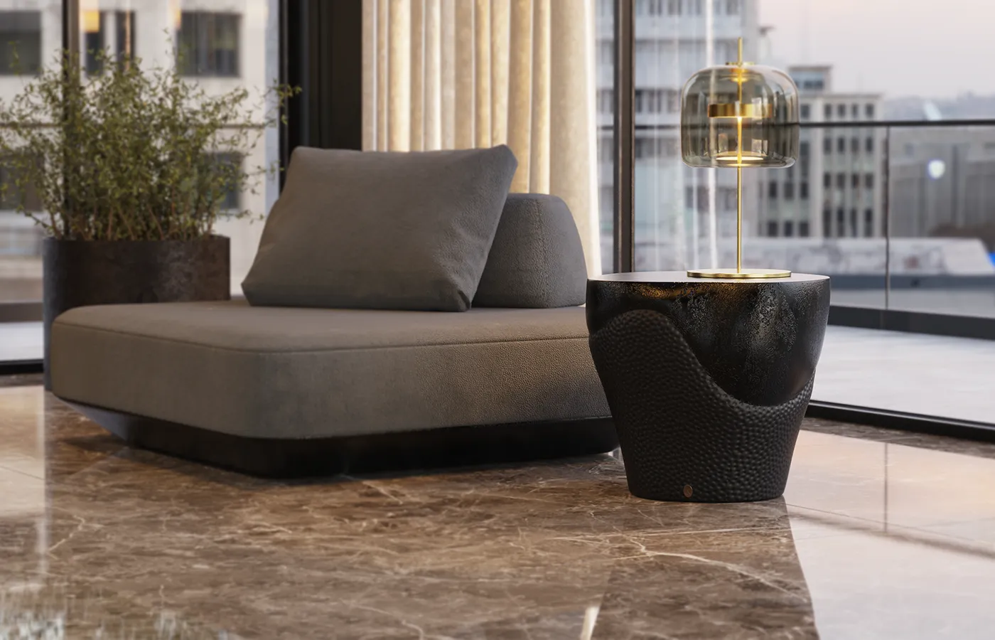 Living room with Duette side table in textured black and bronze