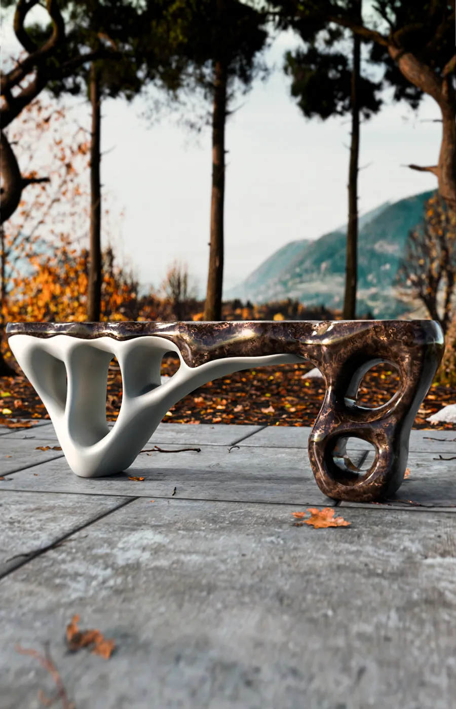 Terraço exterior com consola Elements em acabamento branco e pintura artística castanho opal alto brilho