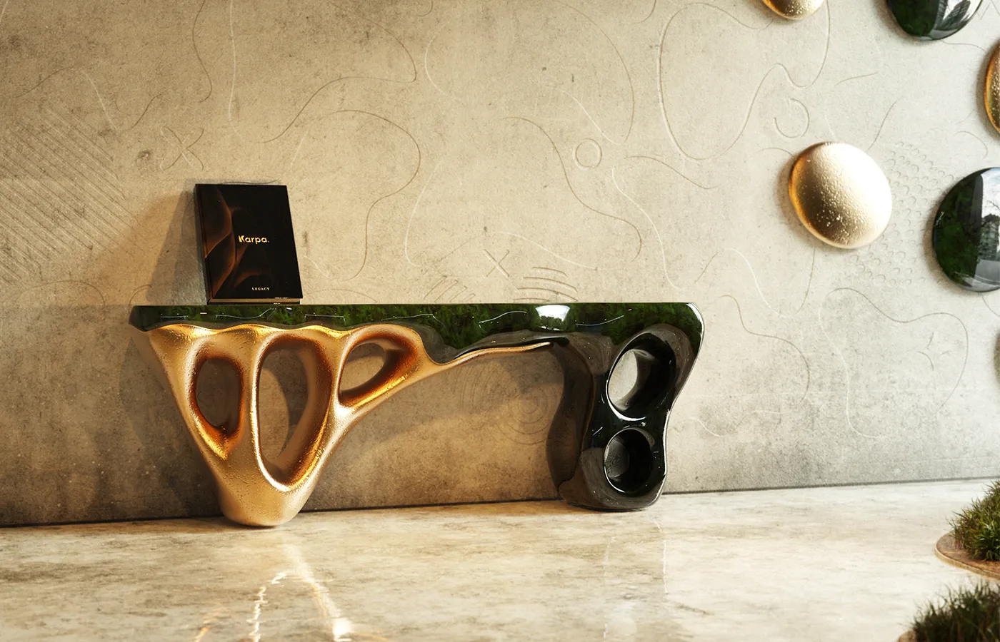 Hall de entrada com consola Elements em acabamento dourado e verde alto brilho