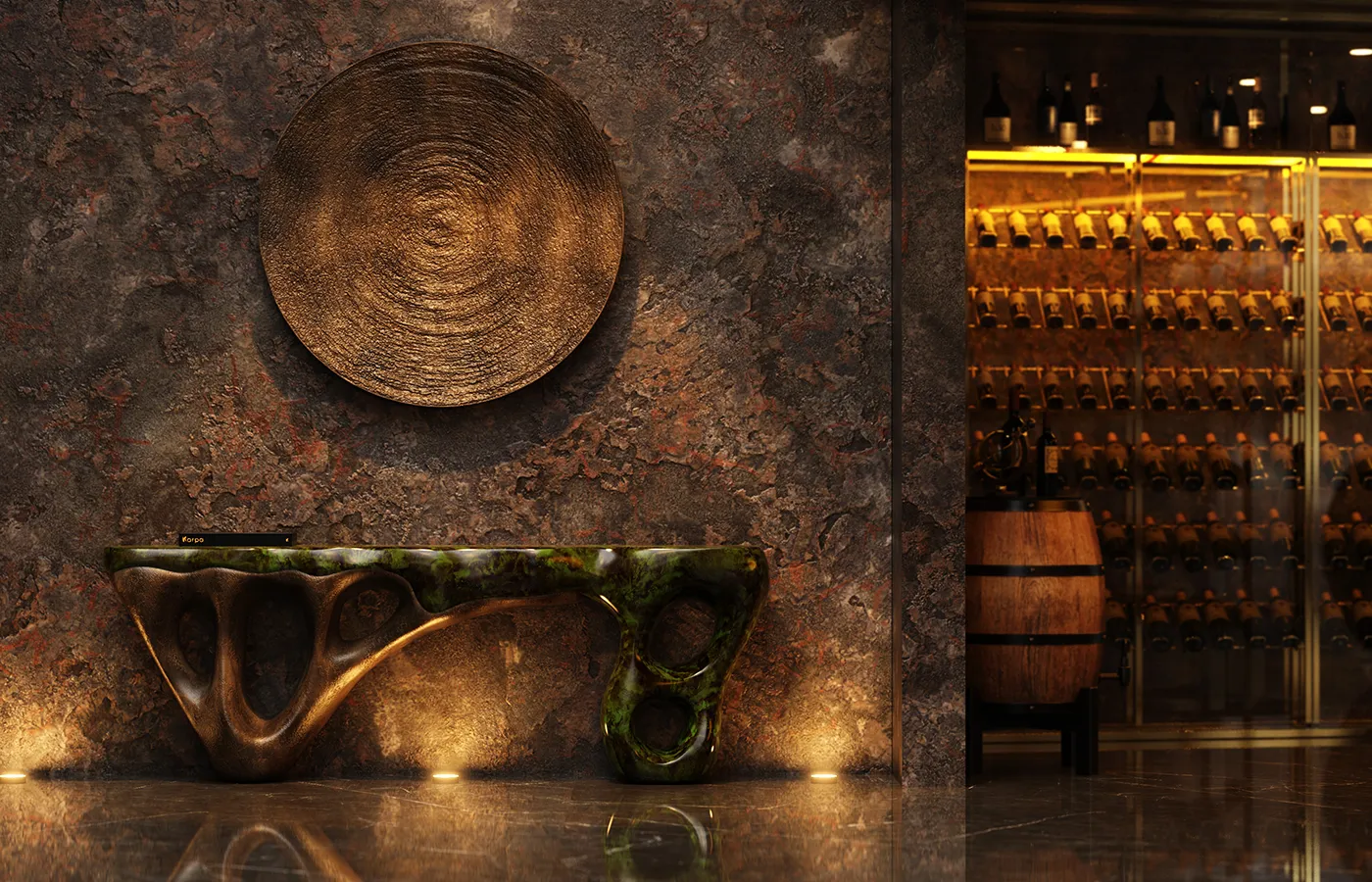 Área de garrafeira com consola Elements em acabamento dourado envelhecido e pintura artística verde opal alto brilho