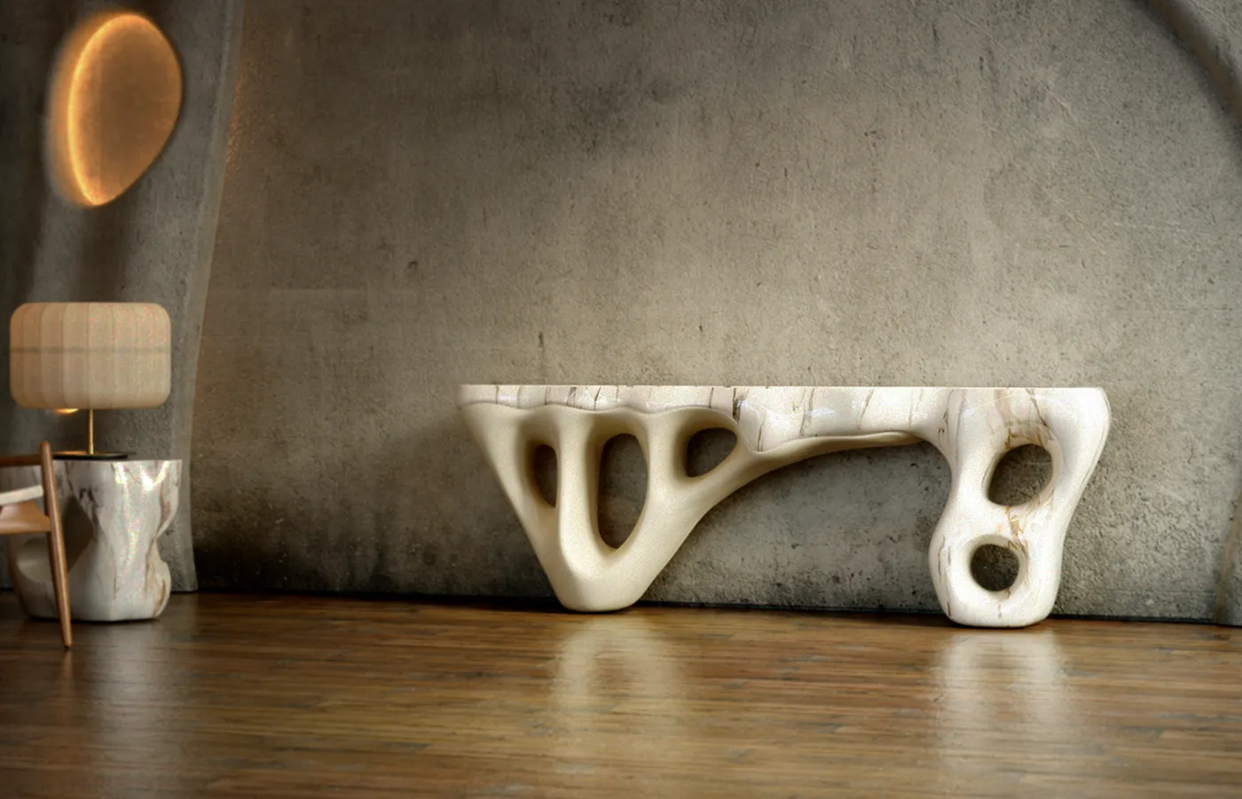 Hall de entrada com consola Elements em branco e acabamento marmorizado carrara