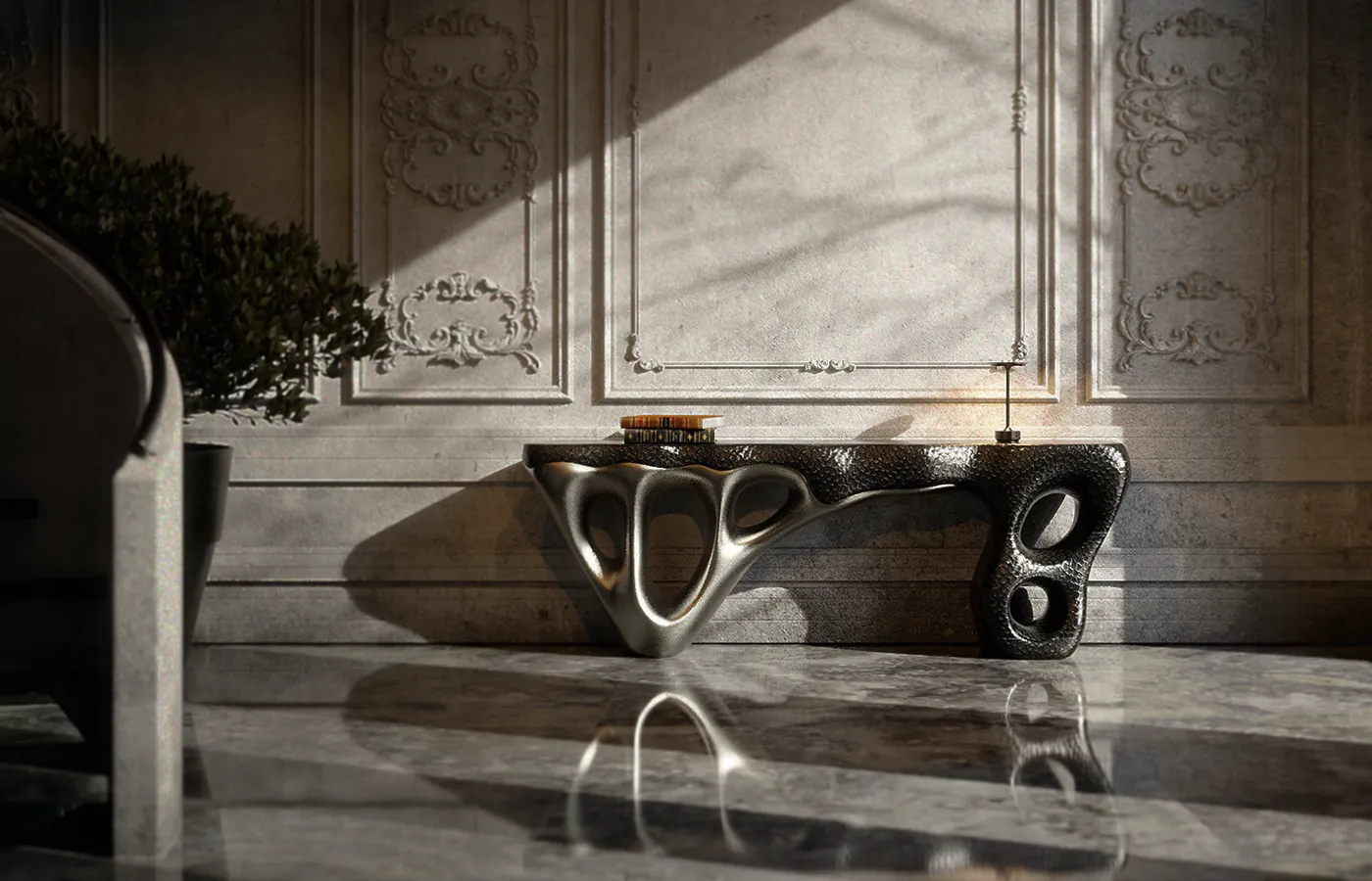 Hall de entrada com consola Elements em acabamento alumínio e preto texturado