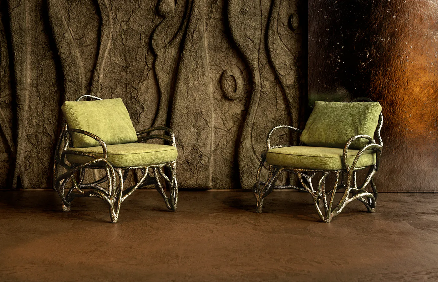 Set of Eros armchairs in textured green finish